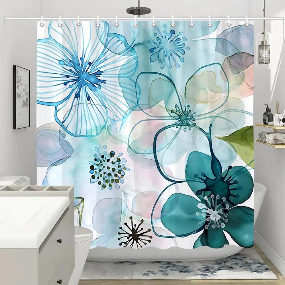 Colorful Flowers Shower Curtain for Bathroom Pink Floral Romantic Wildflower Plants Nature Scenery Decor Curtain Set with Hooks