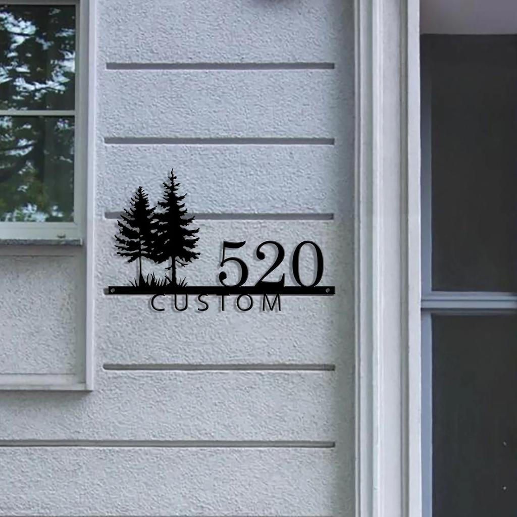 Metal House Number Sign, Personalized Pine Tree Address Plaque, Farmhouse Outdoor Name Plate, Rustic Mailbox Decor