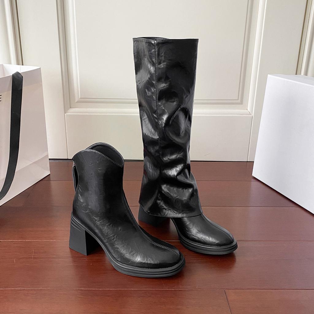 Zwei Trageweisen lange und kurze Stiefel Herbst und Winter neue abnehmbare Stapelstiefel dick hochhackig dicksohlig hohe Stiefel weiße Stiefelhosen