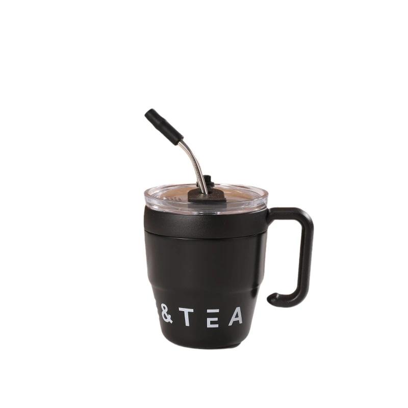 Stainless Steel Thermos Coffee Mug with Handle Portable Office Home Breakfast Milk Water Tea Cup with Lids and Straw Drinkware