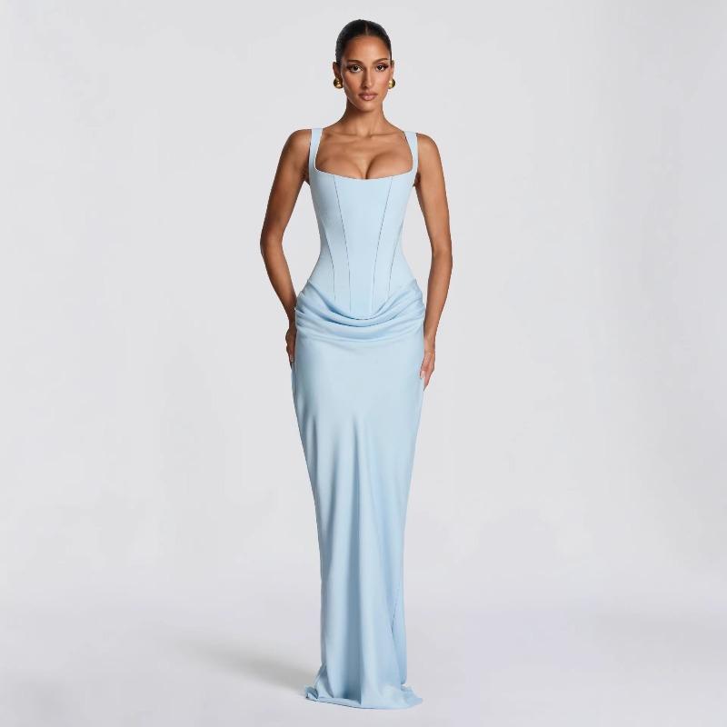 European and American Spring and Summer New Women's Clothing Fashion Solid Color Slim-fitting Waist Fold Hip-wrapped Temperament Suspender Dress Women