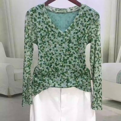 Haut à manches longues en maille imprimé à col en V, mode, nouveau style, basique, amincissant
