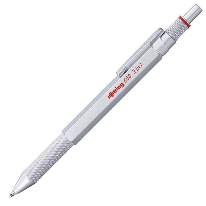 Rotring 600 3-in-1 Silver Ballpoint Pen F Black/Red, Pencil 0.5mm