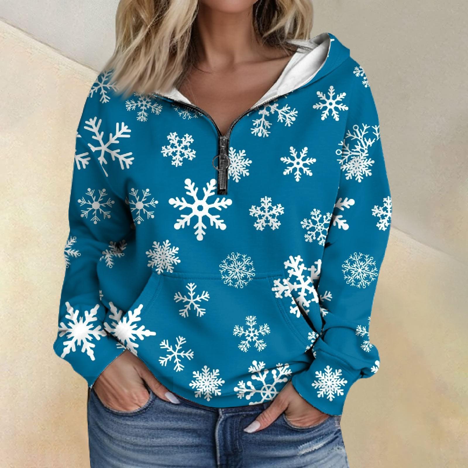 

Женская мода рождественский принт длинный рукав свободный полумолния капюшон свитер с карманами XXXL синий