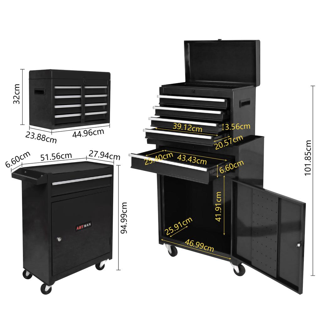 Rolling Cabinet with 5 Drawers, Adjustable Wheels and Removable Drawers, Tool Box for Garage and Workshop (Black)