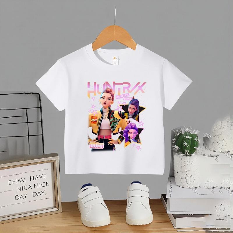 Summer Kpop Popular Cartoon Print Children's Design Casual Harajuku Style Round Neck Short Sleeved Top Fans Gifts Kids Clothes