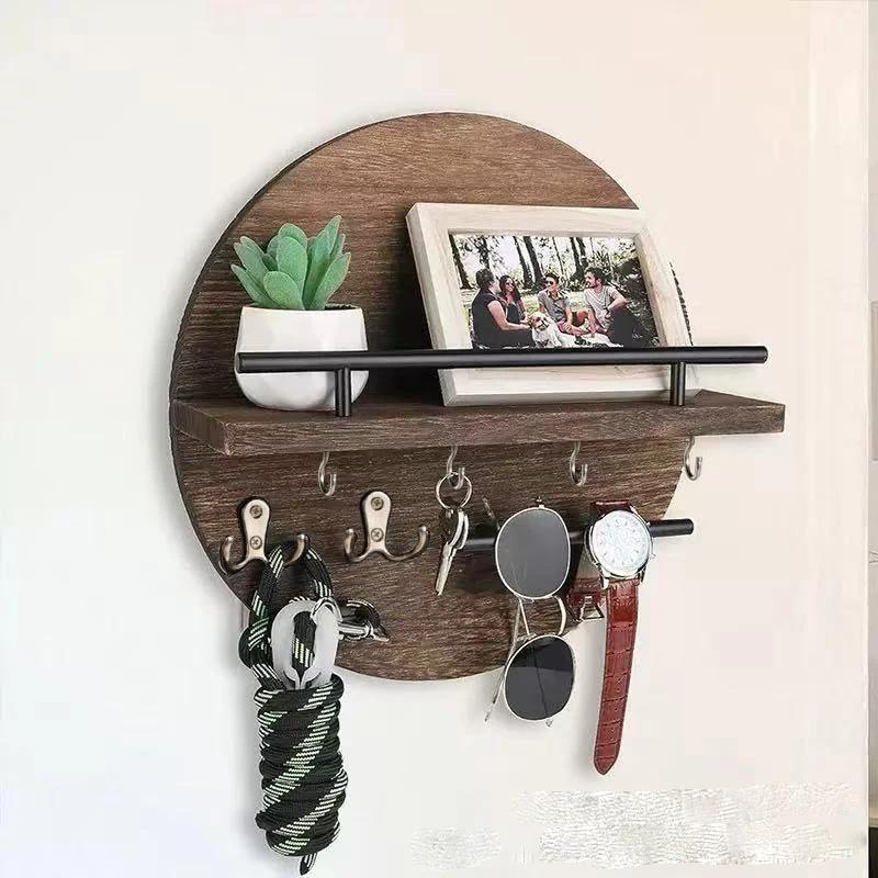 Деревянная настенная ключница, полка для хранения, ретро круглая фоновая декоративная полка, вешалка для ключей в прихожую, ZG98