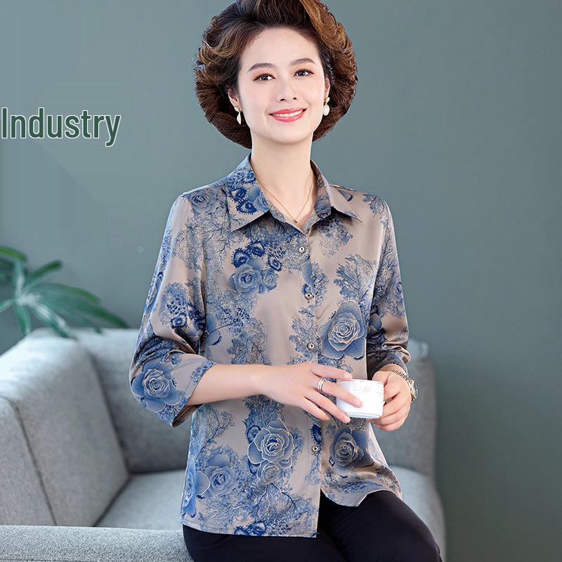 Stylish Printed Silk Shirt for Mom – Summer Short-Sleeve Top for Middle-Aged & Elderly Women