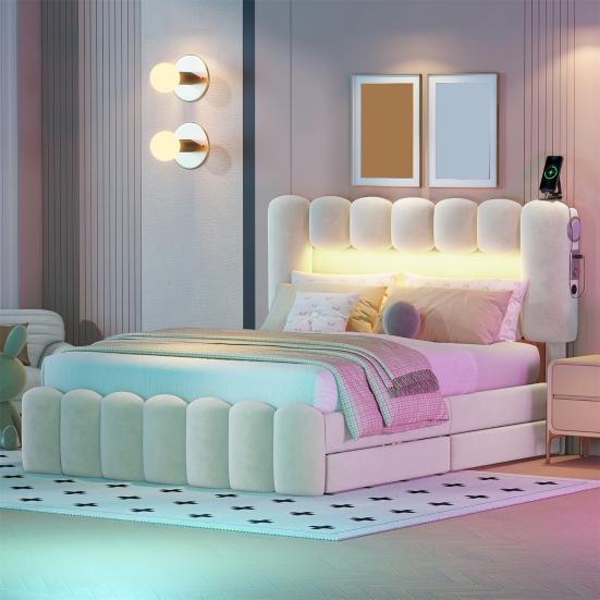 140 X 200cm Large Storage Capacity Upholstered Bed with LED Light Strip USB 4 Drawers Headboard Ergonomic Design Velvet Cover Teen Bed Home