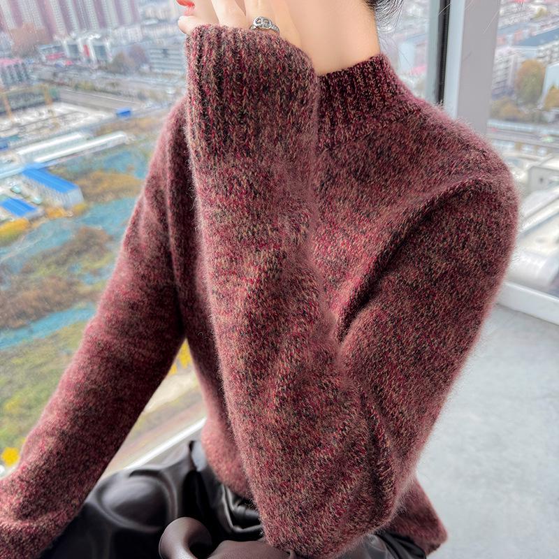 Women's Chunky Knit Wool Sweater, Half High Neck, Long Sleeve, Marled Yarn, Loose Fit Jumper