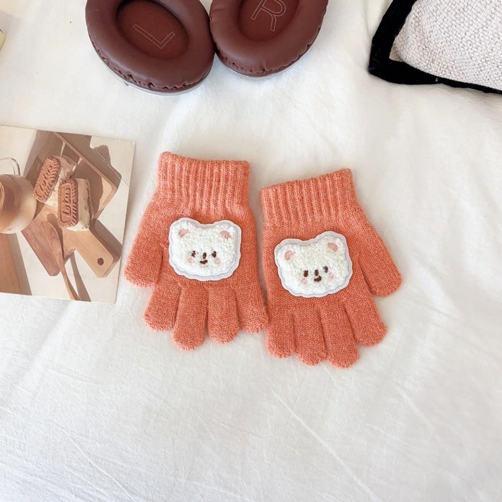 Full Finger Design Warm Gloves Knitted Material Cartoon Bear Gloves Warm Knitted Mittens For Girls