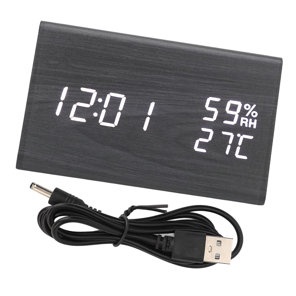 Wooden Digital Alarm Clock Triangular Voice Control Electronic LED Clock for Bedroom Office Black Wood White Letter