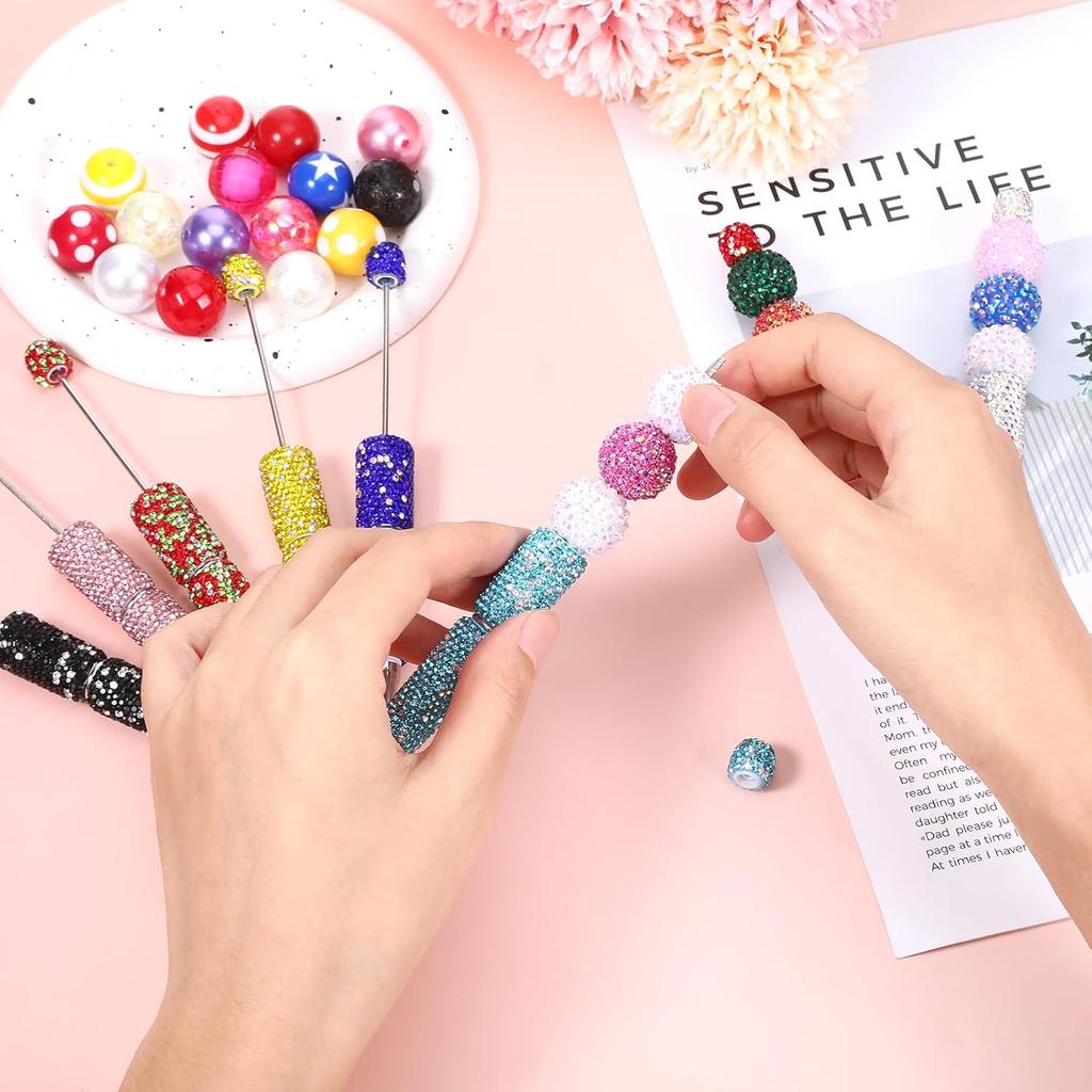 6Pcs Beadable Pens Bulk, Glitter Ballpoint DIY Beads Diamond Pens Beadable Items Making Kit Beads Supplies Bling Pen, Cute Pencils for DIY Making