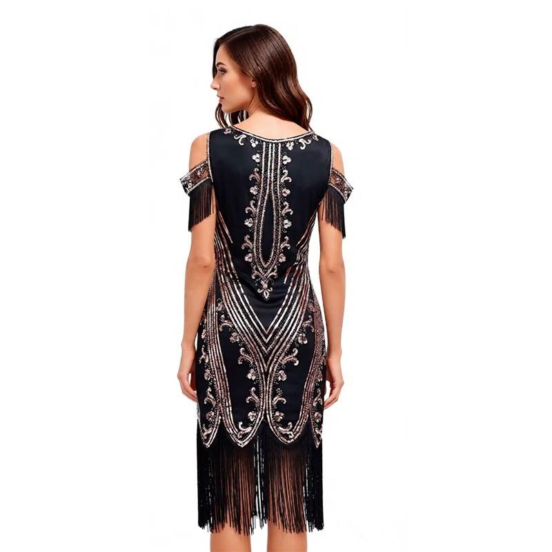 Yixiaoyi Sequin Fringe Dress Black Cocktail Party Latin Dance Competition S-3XL