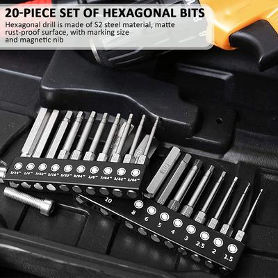 Juego de 20 Piezas/Set de Brocas para Taladro con Llave Allen de Cabeza Hexagonal Acero S2 Premium Broca de Taladro Vástago de Liberación Rápida Juego de Puntas Magnéticas para Destornillador