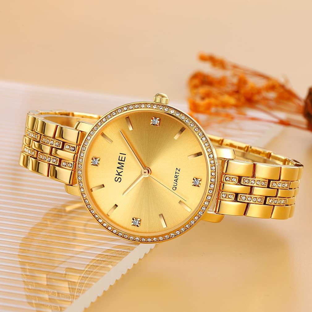 Simple and stylish wristwatch with classic and large gold quartz stainless perfect for business or as a luxury women's diamonds, design, accents.
