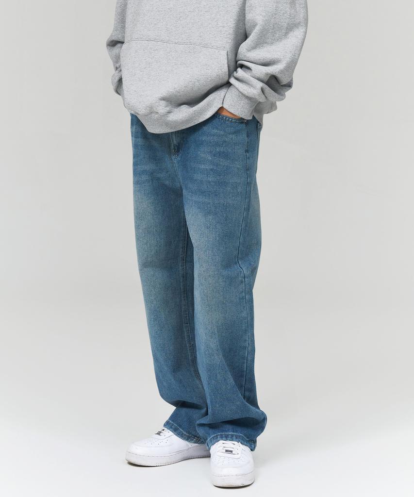 Deobeuleis Half-Banding Wide Denim Pants (Medium Blue)