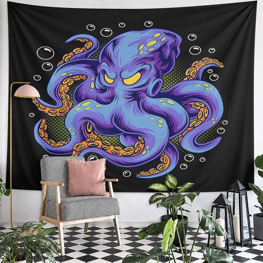 Colorful Angry Octopus with Bubbles Design Pattern Wall Hanging Tapestry Decorative Tapestry Home Decor for Bedroom and Living Room