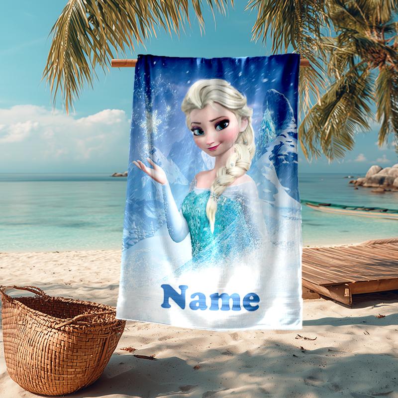 Custom Name Ultra-Soft Beach Towel with Elsa Theme,Ideal for Pool - Camping, Diving - Perfect Travel Essential, Vibrant Beach Towel.
