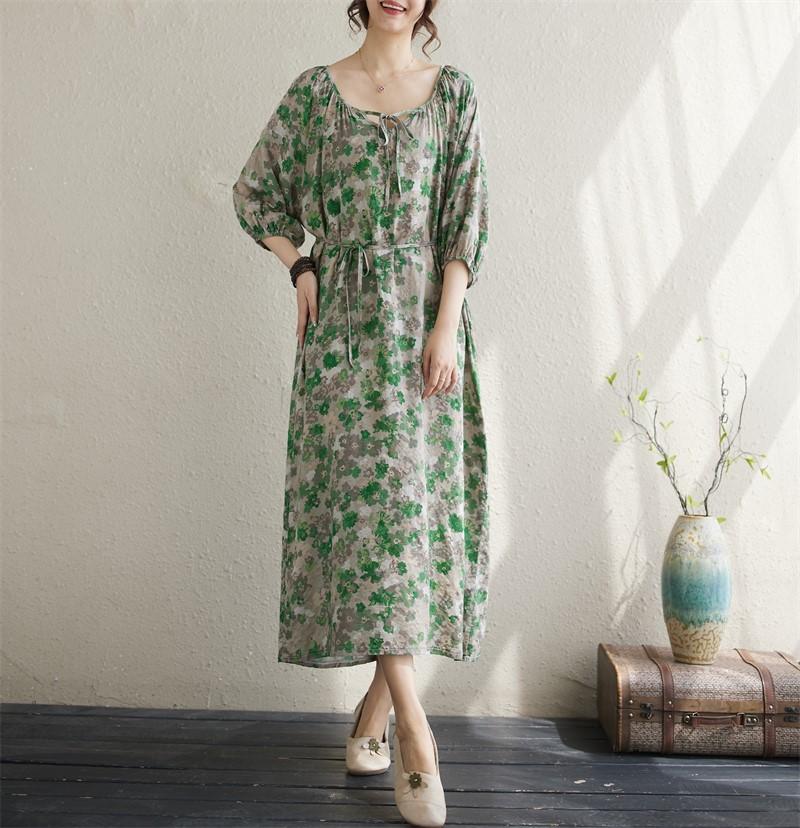Krátký rukáv Plus size Bavlněné vintage květinové nové šaty pro ženy ležérní volné dlouhé letní šaty