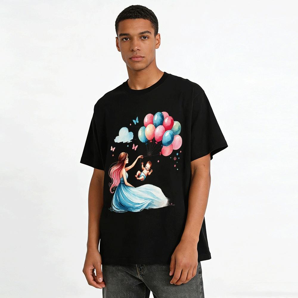 Mother And Baby Balloon Print Casual Adult Top Pure cotton T-shirt