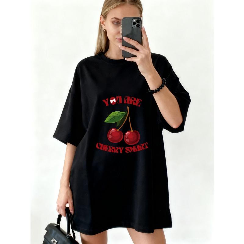 Oversized T Shirt Black Cherry Print With You Are Cherry Smart Text Casual Streetwear For Women