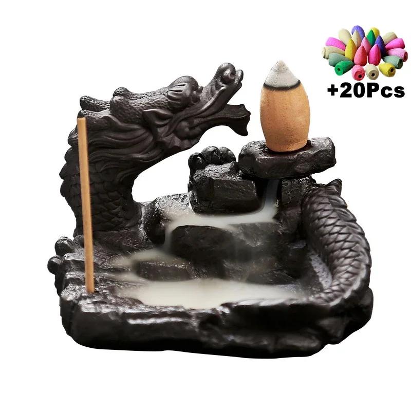 

With 20 Incense Cones Handmade Chinese Dragon Waterfall Incense Burner Ceramic Backflow Incense Holder Creative Home Decoration