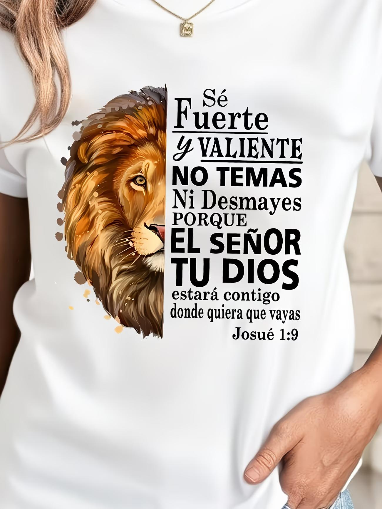 

Casual ShortSleeve RoundNeck TShirt for Women Inspired by Spanish Culture with a Lion And a Bible Verse S