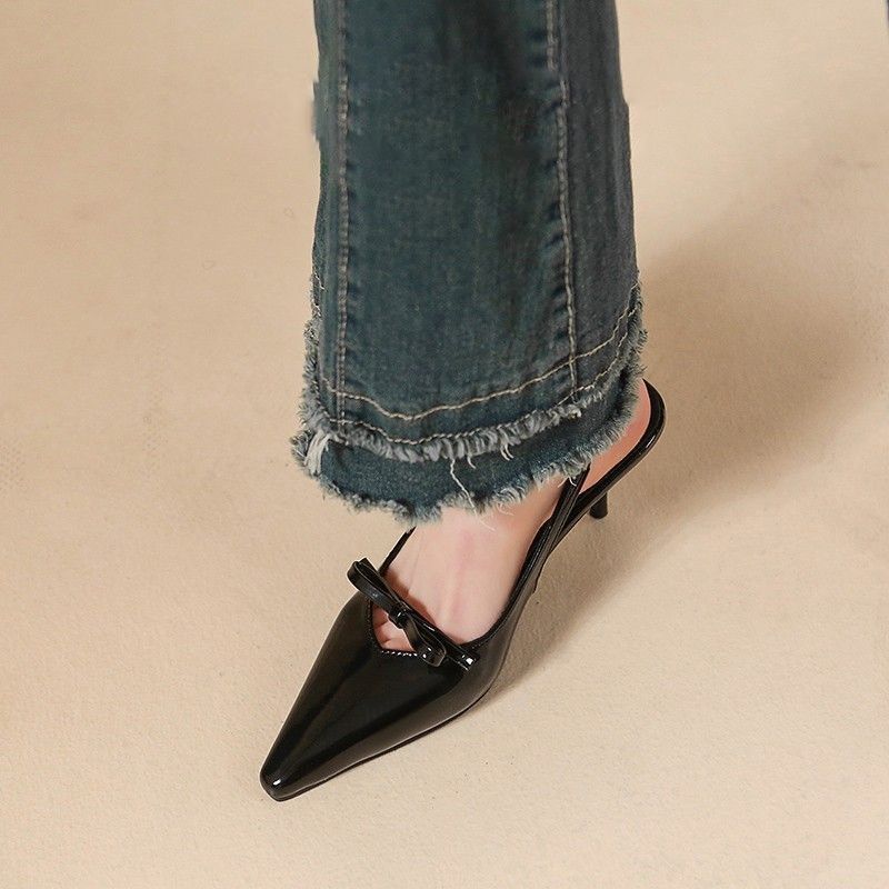 Thin heel empty temperament high heels women's Korean version 2025 new bow pointed head bag head sandals women