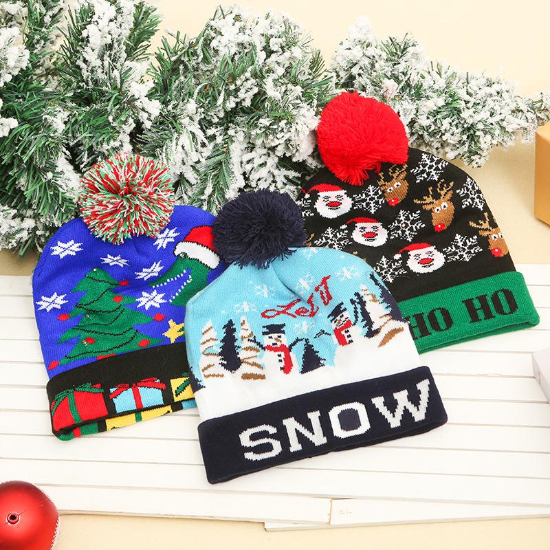 Cross-border Christmas decoration supplies cuffed knitted hat with ball LED light Santa Claus luminous hat for adults and children