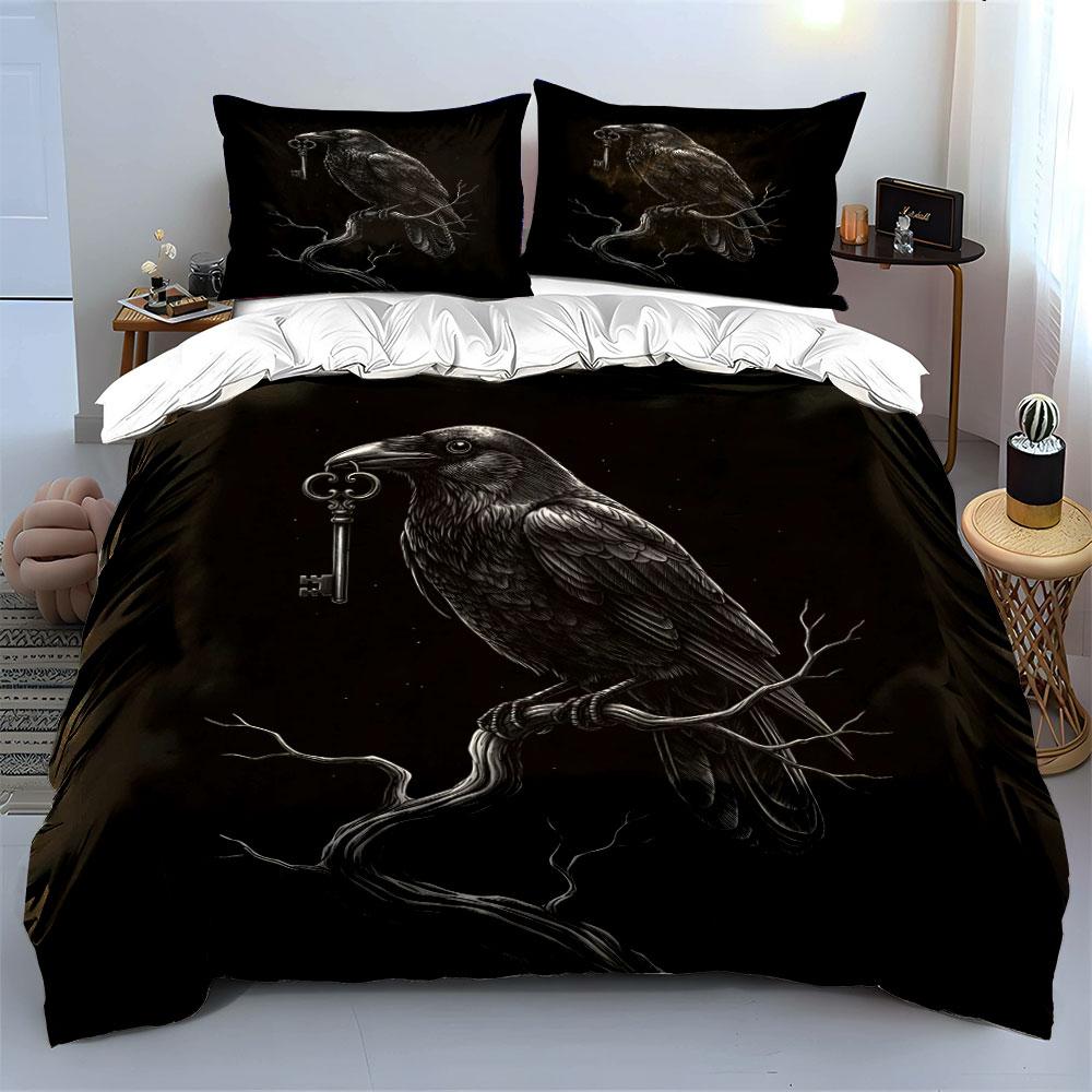 Raven with Key Gothic Art Bedding Duvet Cover Set  (1*Duvet Cover 2*Pillowcases, without duvet insert)