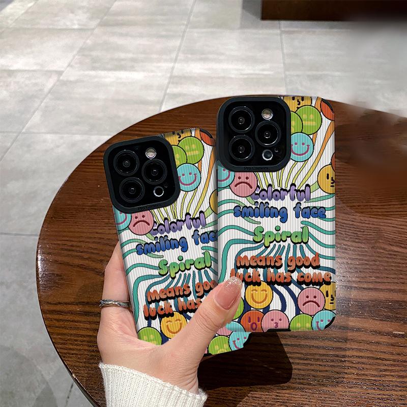 Smiley-Gesicht-Emoji-bedrucktes Leder, weiche Silikon-Handyhülle auf der Rückseite mit Kameraobjektiv, vollständiger Schutz