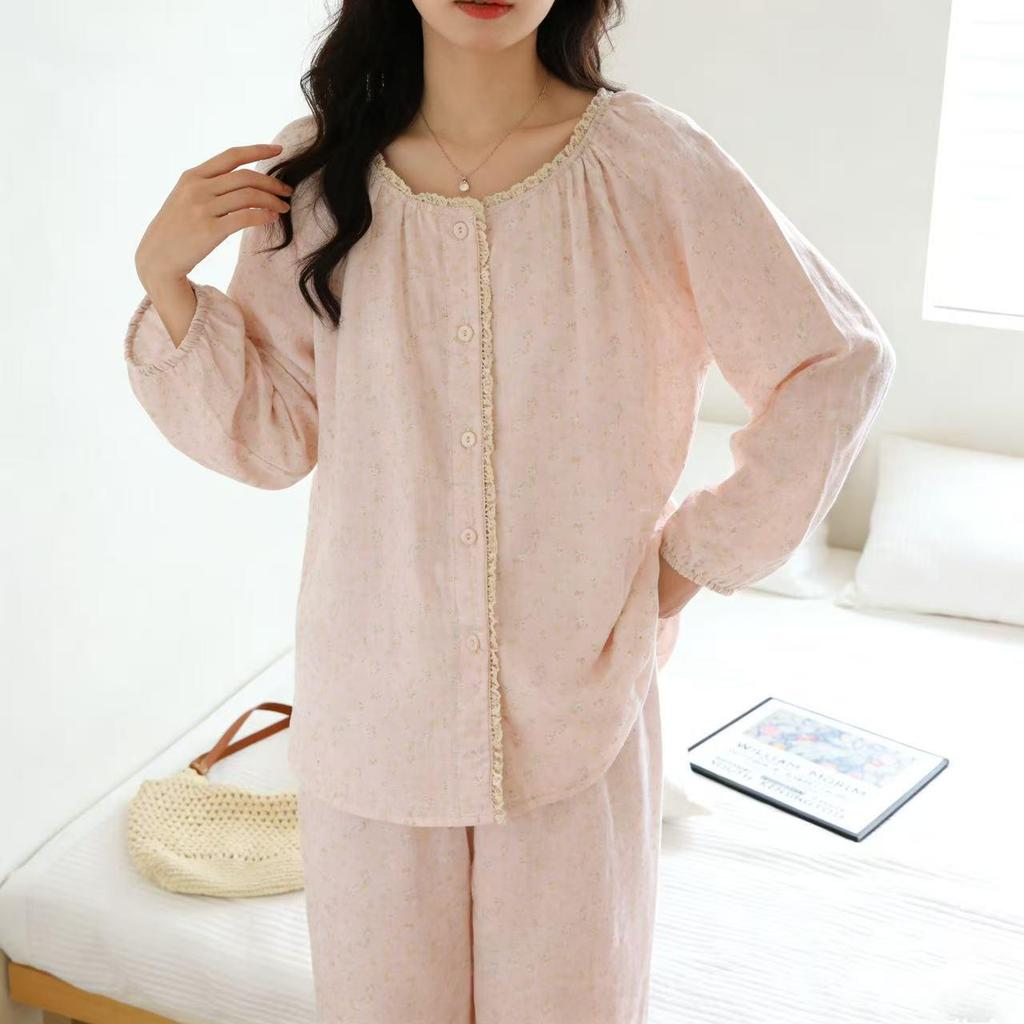 Women's Floral Print Pure Cotton Gauze Pajama Set - Spring/Summer Long Sleeve & Pants