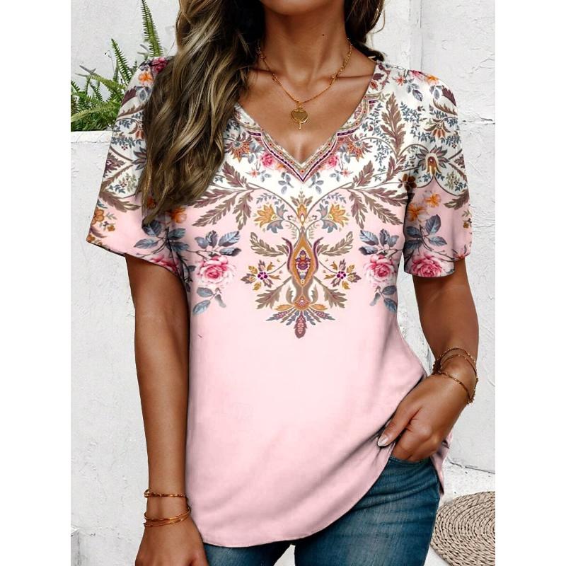 2025 New Summer Women's Cat Paw Color Print T-shirt V-neck Short Sleeve Street Casual Daily Basic Tops
