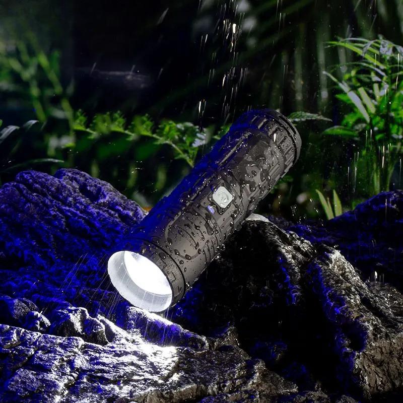 Powerful White Laser Flashlights Telescopic Zoom Tactical Spotlights Rechargeable Outdoor Torch With Tail Light Built-in Battery