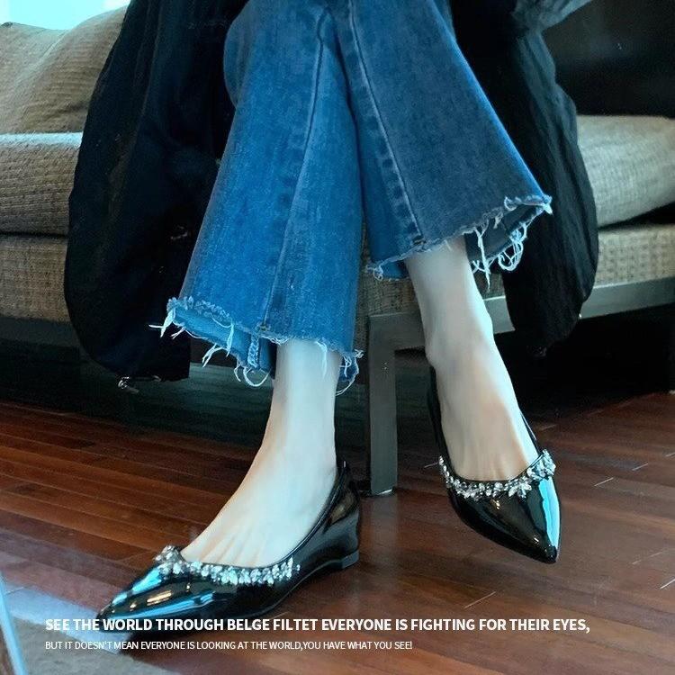 New rhinestone pointed flat shoes women's shallow mouth inner height increase single shoes commuter soft-soled women's shoes