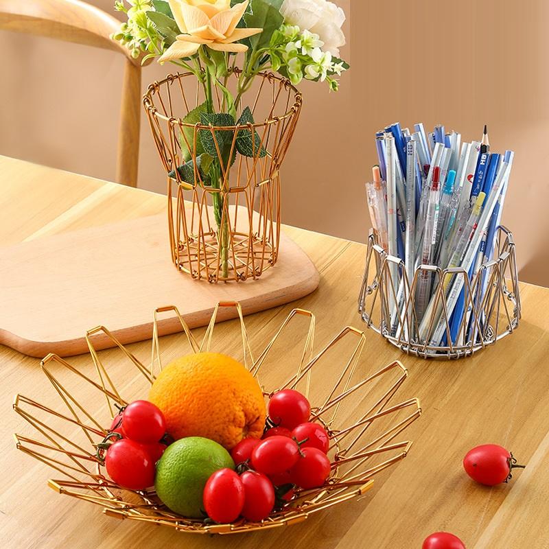 Foldable Fruit Bowl Large Capacity Foldable Creative Fruit Basket Scalable Iron Wire Basket Desktop Storage Hollow Basket