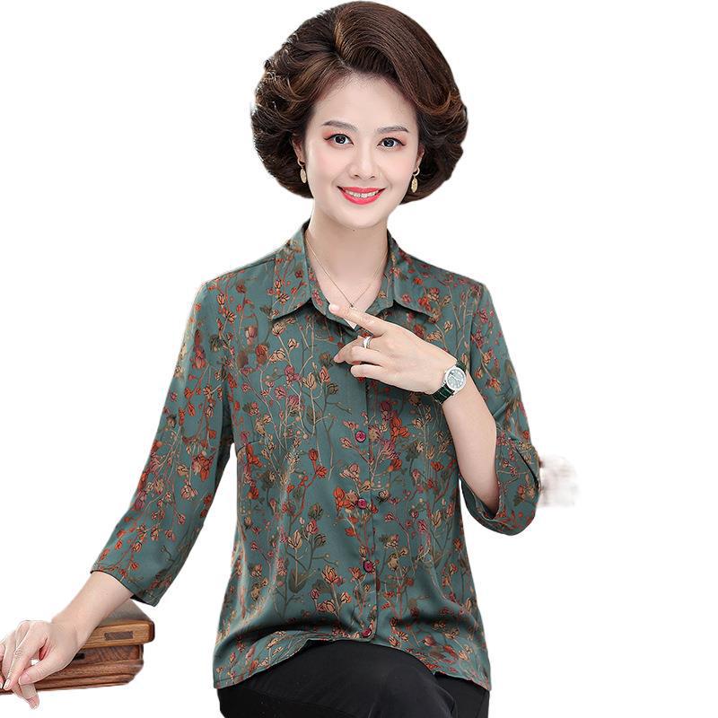 Mom's Spring & Autumn Long-Sleeve Mulberry Silk Shirt for Stylish Middle-Aged & Elderly Women