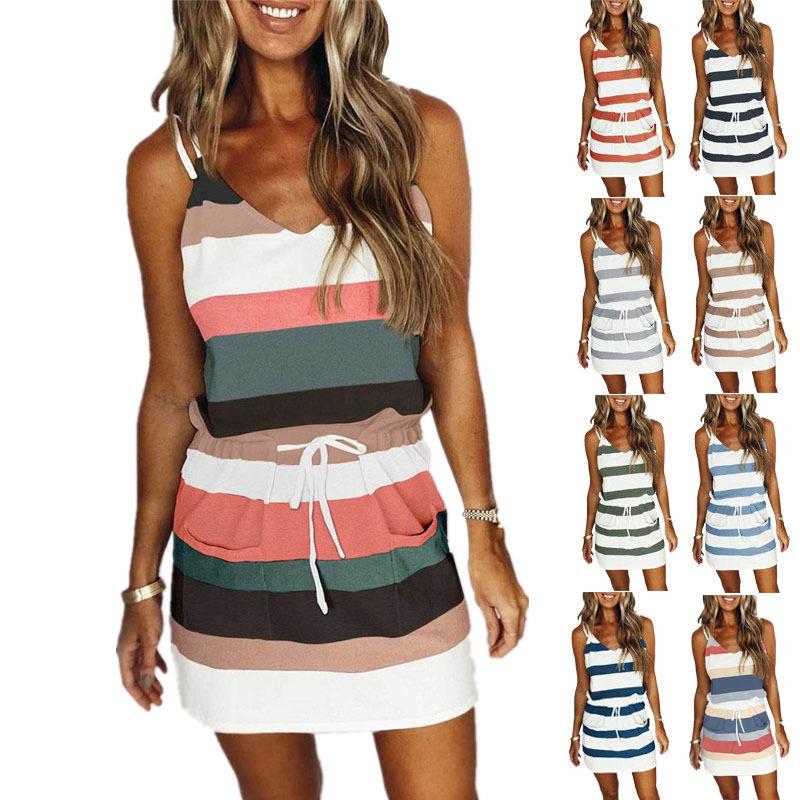 2023 Europäisches & Amerikanisches Sommer-Maxikleid mit Spaghettiträgern, locker, gestreift, für Damen