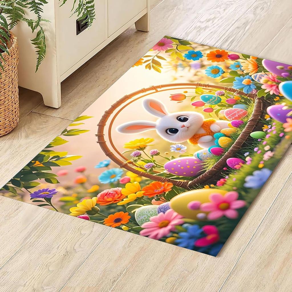 Cute Cartoon Easter Bunny Egg Tulips Area Rug - Non-Slip Washable Foldable Spring Floor Mat for Home, Kitchen, Easter Decoration