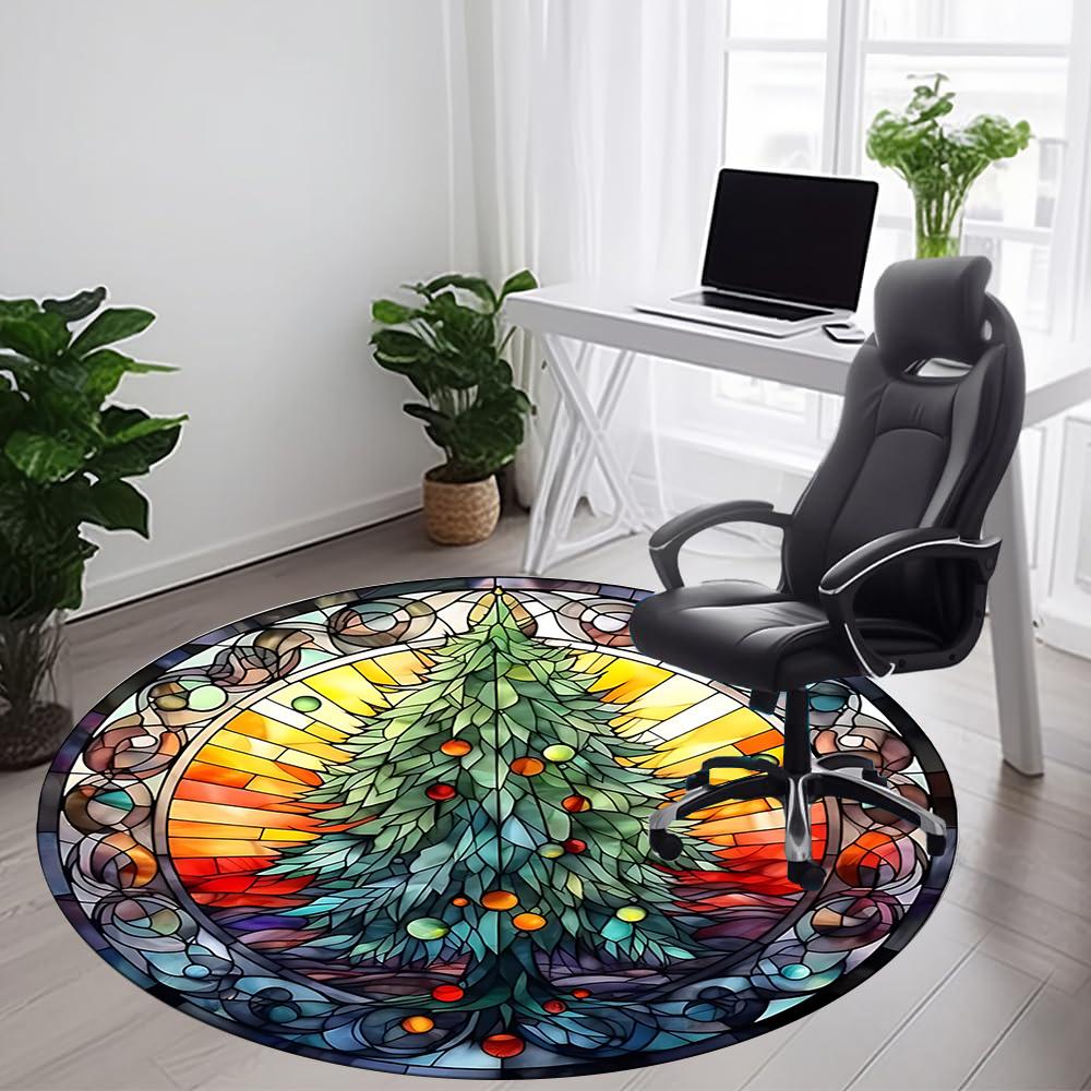 1pc Christmas Tree Stained Glass Office Round Area Rug, Indoor Mat Suitable ForOffice, Under Office Chairs Bedroom Living Room Home Decor, Room Deco