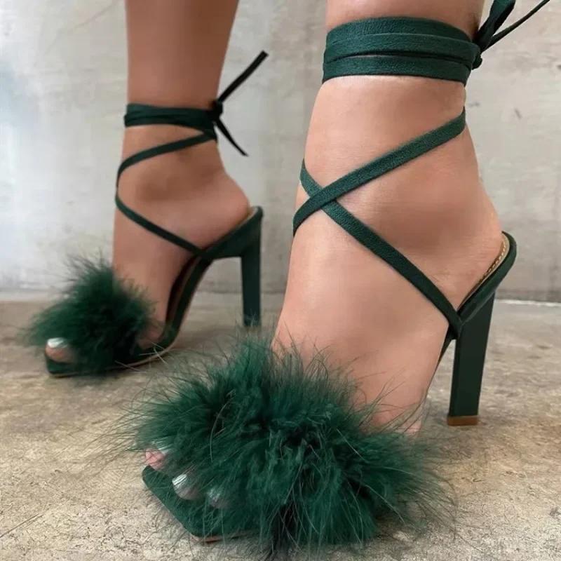 Women's Shoes 2025 Brand Lace-up Women's Sandals Plus Size Solid Dress Sandals Women Summer Open toe Heeled Sandals