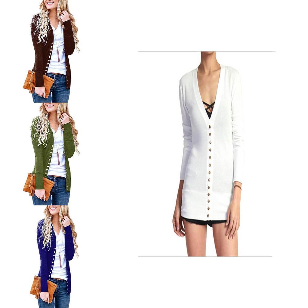Premium Women V Neck Cardigan Coat Slim Fit Button Plain Cotton Blend Jacket Outwear Top