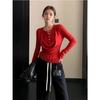 Korean Retro Fake Two-Piece Long-Sleeve T-Shirt, Flattering Swing Neck Button-Up for Women - Spring/Autumn Slim Fit