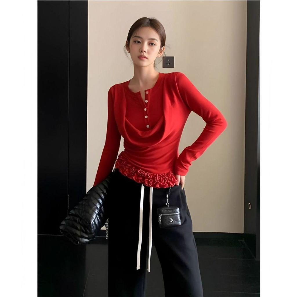 Korean Retro Fake Two-Piece Long-Sleeve T-Shirt, Flattering Swing Neck Button-Up for Women - Spring/Autumn Slim Fit