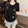 2026 Summer Plus Size Women's Sweet Cartoon Embroidery Round Neck T-Shirt