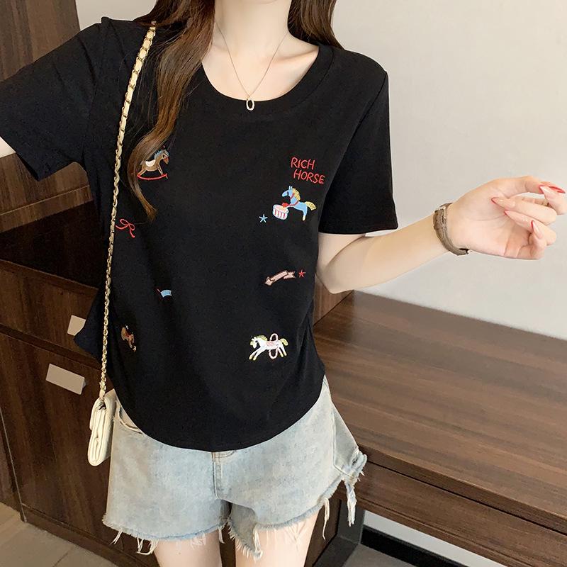 2026 Summer Plus Size Women s Sweet Cartoon Embroidery Round Neck T-Shirt XL
