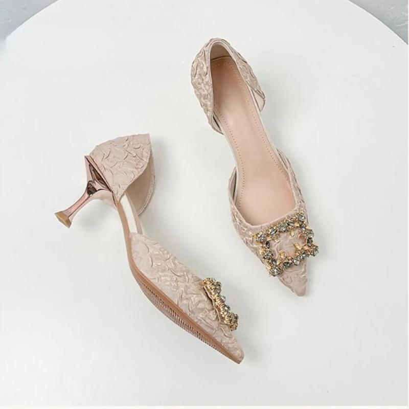New Summer Crystal Buckle High Heels Women's Folded Pink Silk High Heels Water Diamond Wedding Shoes