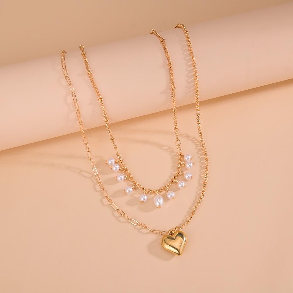 New Tassel Pearl Love Pendant Double Stacked Ladies Necklace