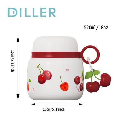 1pc 18oz Stainless Steel Insulated Food Jar with Cherry Design,Double Walled, Leak Proof Lunch Box with Spoon